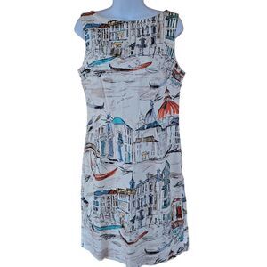 Venice-Inspired Sleeveless Shift Dress City scape Print gondola elegant chic
